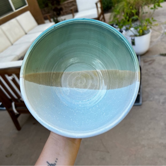 Studio Pottery Half Dipped Glazed Serving Bowl in Green Blue Tan Artist Signed - Picture 9 of 12